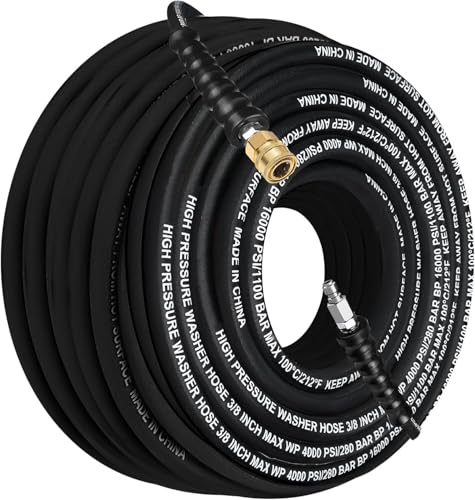 HoldOneLight 50FT 3/8" High Pressure Washer Hose, 4000 PSI Non-Marking Rubber, Hot Water Ready, Durable Brass Fittings, Ufixed Power Washer Hose