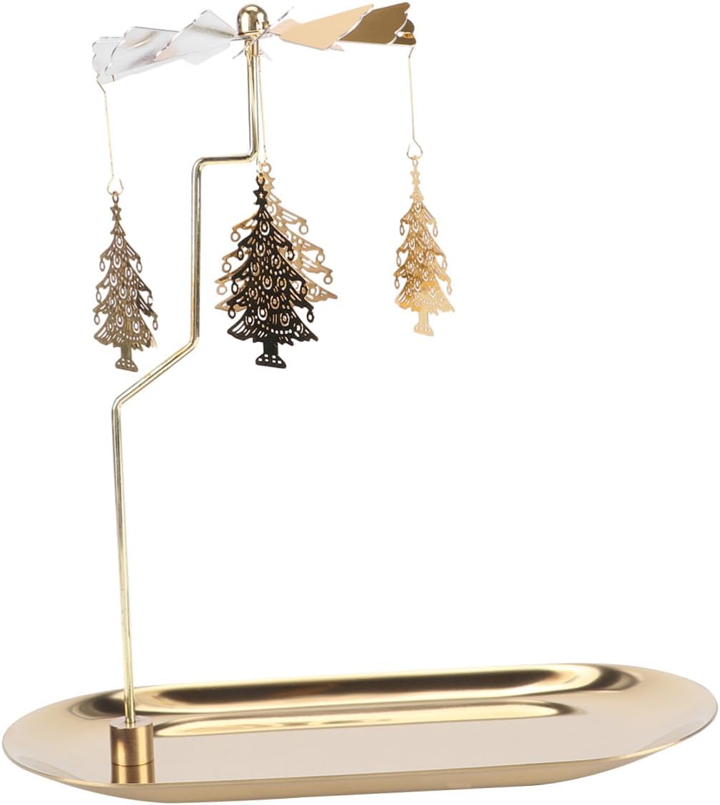 Healifty Rotating Metal Candle Holder with Christmas Tree Design and Small Golden Tray, Christmas Desktop Candle Stand for Festive Table Centerpiece Decoration