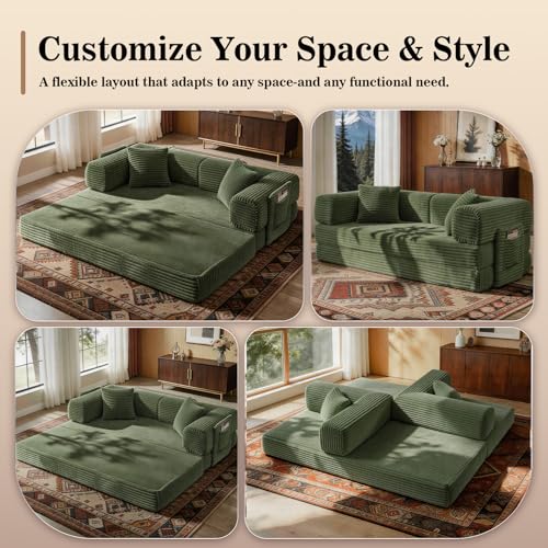 Image of AUGOP Boneless Couch Folding Couches for Living Room Sofa, Futon Sofa Bed with Sleeper Sofa, Futon Couch with Fixed-Shape Oversized Corduroy Upholstered (Green, 81 Inches)