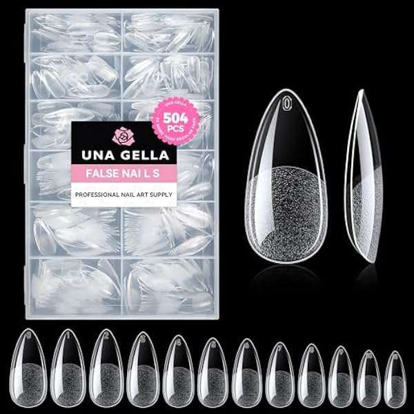 UNA GELLA Mandel Nail Tips, 504 Stück 12 Größen Nageltips für Gelnägel Almond Full Cover Soft Gel Tips für Acrylnägel & DIY Nagelkunst zu Hause