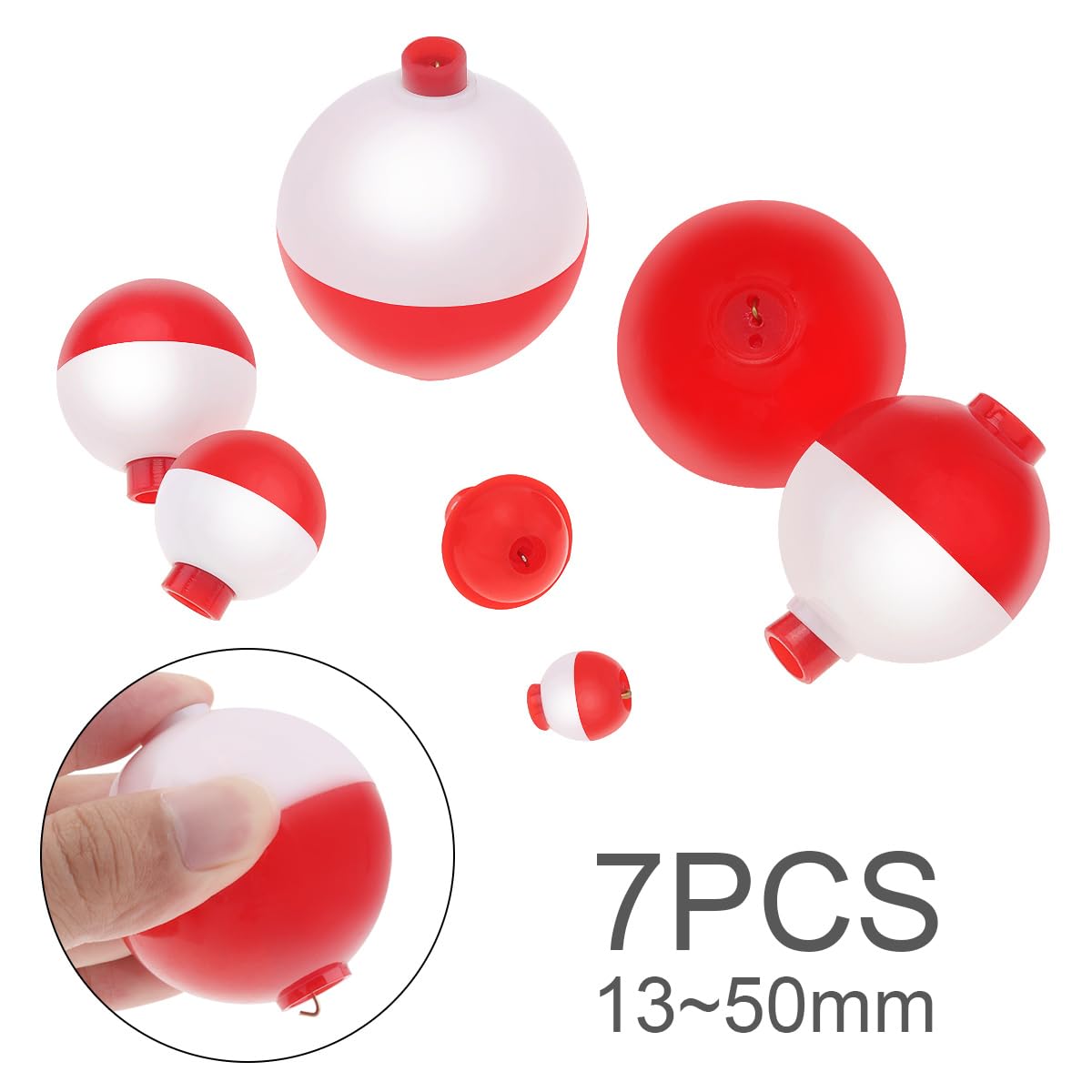 OriGlam 7pcs Fishing Snap-On Floats Bobbers, Push Button Snap-on Floats Sea Carp Hard ABS Push Button Fishing Round Buoy Float Red and White