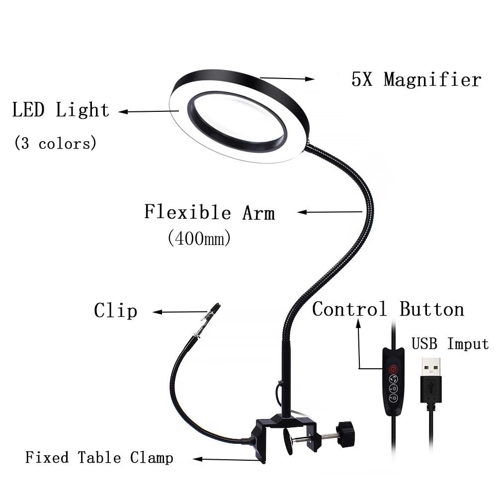 Microscopio Morsetto da tavolo flessibile Illuminato Riparazione Aiuta la lente d'ingrandimento Supporto for saldatore Clip da tavolo 5X Lente d'ingrandimento con luce LED