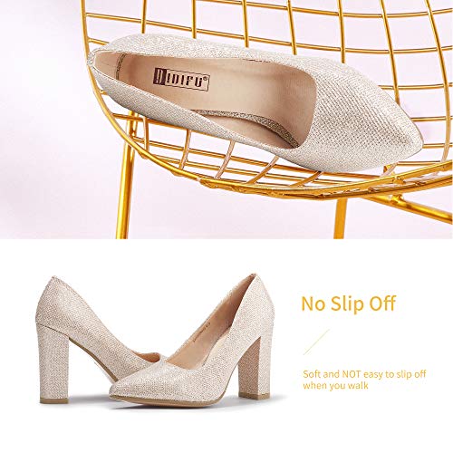 Idifu Women's In4 Chunky-Hi Block High Heels Closed Pointed Toe Pumps Dress Office Shoes For Women (8, Gold Glitter) #TOP4