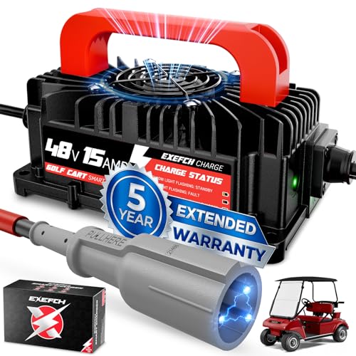 EXEFCH 48 Volt 15 Amp Golf Cart Charger for Club Car Precedent & DS Series with 3-Pin Round Plug Only for Lead Acid Battery