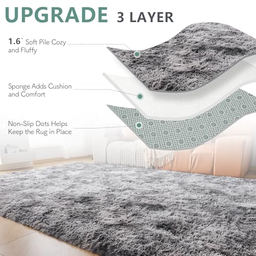 CHOSHOME Teppich Wohnzimmer Shaggy Hochflor Schwarz Langflor Kinderzimmer Modern Batik Jugendzimmer Flauschig Teppich Groß, Dunkelgrau/Schwarz 90x150CM - 4