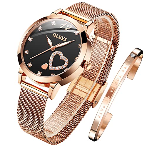 OLEVS Damenuhr Roségold mit Herz Diamant Schwarzes Gesicht Quarz Armbanduhr Wasserdicht Gürtel Armreif Set