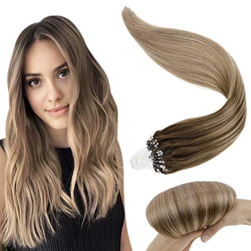 LaaVoo 20inch Micro Loop Hair Extensions Micro Ring Real Human Hair Pre Bonded Balayage Dark Brown Mixed Ash Blonde Straight Cold Fusion Silicone Micro Beads Stick Tip Hair Extensions 50g/50s#4/18