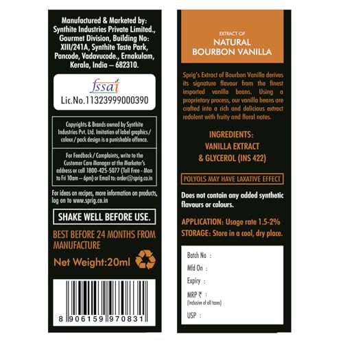Image of Sprig Natural Bourbon Vanilla Extract 20 ml | Made With Madagascar Vanilla Beans | 100% Alcohol Free | Natural Alternative for Essence | For Baking, Protein Shakes & Desserts (Pack of 2)