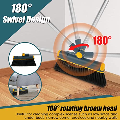 Long Handled Dustpan and Brush Set, 180° Rotatable Standing Broom and Dustpan Set with Comb Teeth Household Sweeping Brush and Dustpan for Indoor Outdoor Home Office Cleaning and Sweeping(Dark Green)