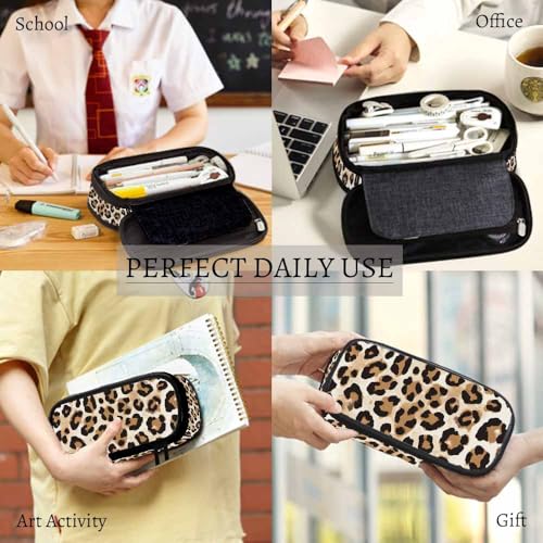 Image of Yekiua Cheetah Pencil Case Organizer Animal Leopard Skin College Office Big Capacity Pencil Bag Brown Black Beige
