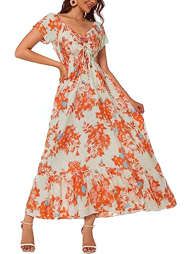Image of Summer Smocked Boho Maxi Dress for Women 2026 Short Sleeve Floral Smocked Flowy Ruffled Beach Vacation Dresses Lightweight