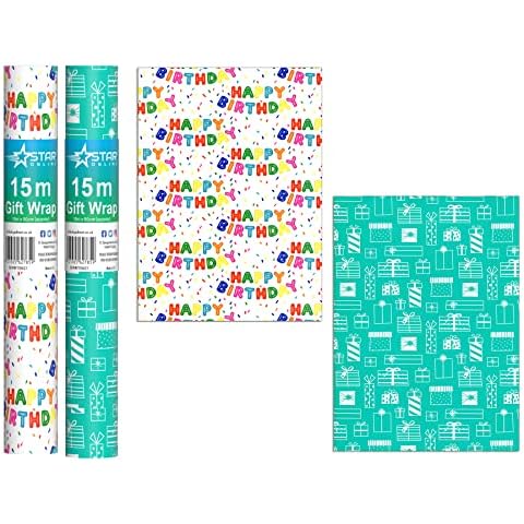30M Happy Birthday Gift Wrapping Paper roll for Both Kids and Adults Decoration Party White/Blue Design - 15m x 50cm (Pack of 2 Rolls) Cover