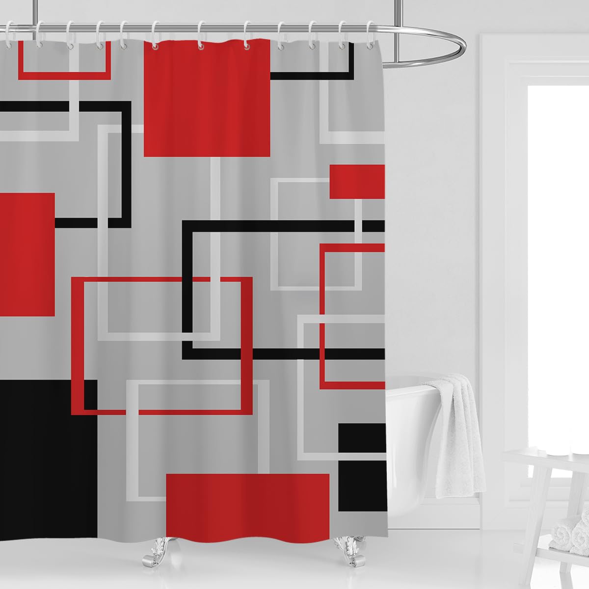 Kikiry Red and Black Shower Curtain 60''W x 72''L Burgundy Gray Grey Silver Geometric Modern Abstract Cool Checkered Plaid Simple Minimalist Ombre