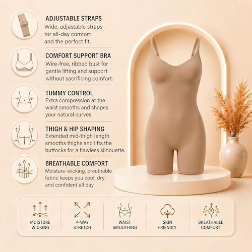 Image of Tummy Control Shapewear Bodysuit for Women, Seamless Body Shaper Thong, Brief or Mid-Thigh Faja, Sculpting Slimming Bodysuits