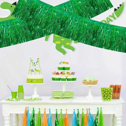 Image of BEISHIDA 3 Packs Metallic Foil Fringe Garland Laser Green Wall Hanging Tinsel Fringe Banners for Car Floats Bridal Shower Wedding Birthday Easter Graduation Holiday Party Decoration(30 Feet)