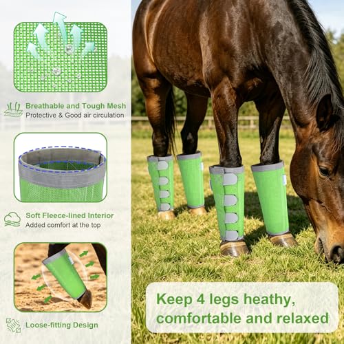 Image of Reflective Horse Fly Boots Set of 4, Breathable Adjustable Equine Fly Leg Wraps for Horses, Universal Fit Loose Fitting Leggings with Stay Put Design (Green)