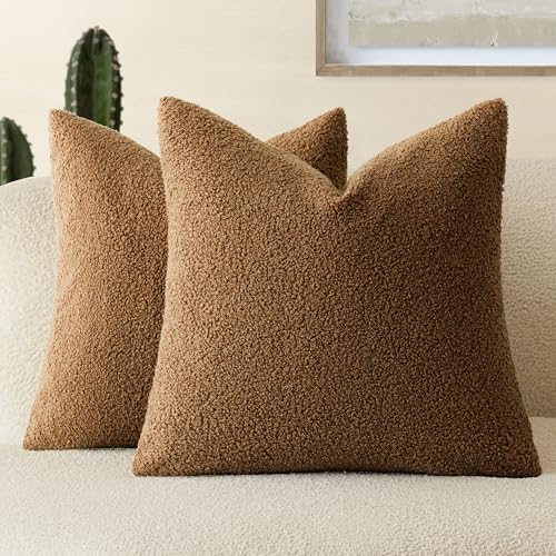 Image of Foindtower Pack of 2, Curly Faux Fur Decorative Throw Pillow Covers Soft Fuzzy Plush Cushion Case with Zipper Cozy Pillowcase for Home Living Room Couch Bed Sofa 20 x 20 Inch,Dark Bronze
