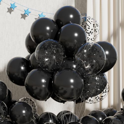 Image of Black Latex Balloons: 55Pcs 12 inch Black Confetti Party Balloons Helium Latex Balloon Ribbons for Birthday Anniversary Graduation Wedding Decoration