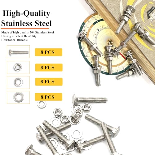 Image of 8 Sets 5 /16 inch-18 x2 Carriage Bolts Round Head Square Neck Screws with Hex Nuts Flat Washers Spring Lock Washers 304 Stainless Steel Full Thread Coverage Square Neck Bolts Assortment Kit