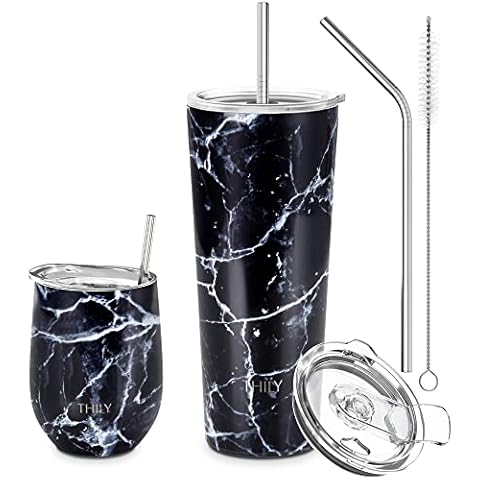 THILY 12 oz Wine Tumbler with Lid and 26 oz Travel Tumbler with 2 Lids,Black Marble Cover