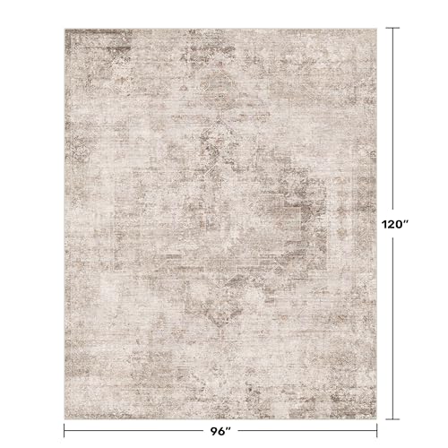 Image of Farmhouse Area Rugs for Living Room, 8x10 Washable Abstract Rug for Bedroom, Dining Room Under Table and Home Office, Ultra-Soft Low Pile Design, Stain Resistant (Beige / Brown), Distressed Design