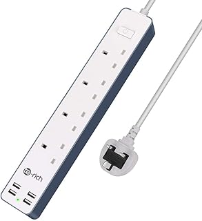 4 Way Extension Lead, Te-Rich Multi Plug Power Strip with 4 USB Slots(3.4A), Mains Switched Socket Extender for Desk Home Office Travel, Wall Mounted, 1.6 Metre Extension Cord, No Surge, 3120W/13Amp