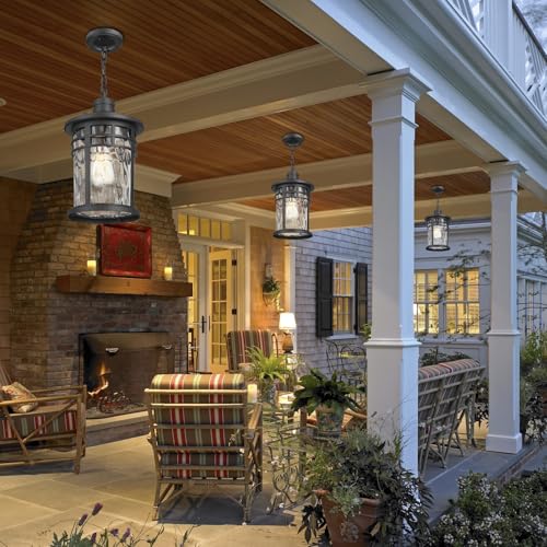 Image of Darkaway Large Outdoor Pendant Lights for Porch, 15inch Outdoor Chandelier Hanging Porch Lights Outside Ceiling Mount Aluminum with Water Ripple Glass for Front Porch Gazebo Patio