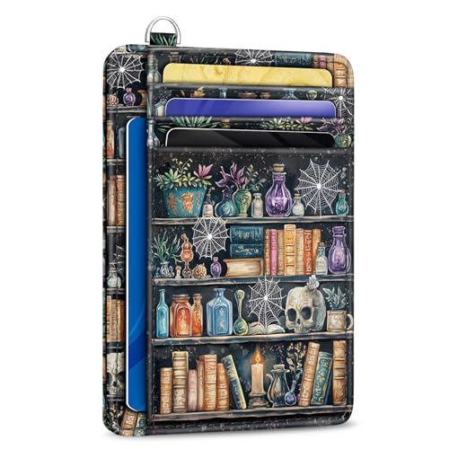 Goth Bookshelf Credit Card Holder RFID Wallet Women, Slim Wallet Front Pocket Small Card Holder, Funny Skull Gothic Case Organizer with ID Window PU Leather Witchy Gifts for Woman Girls