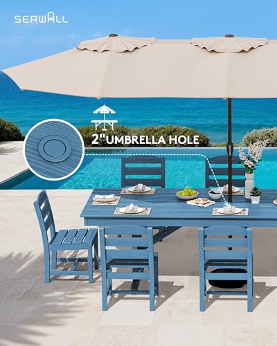 Image of SERWALL 9 Piece 84 inch HDPE Outdoor Dining Set for 8 with Armless Chairs and Umbrelle Hole, Blue
