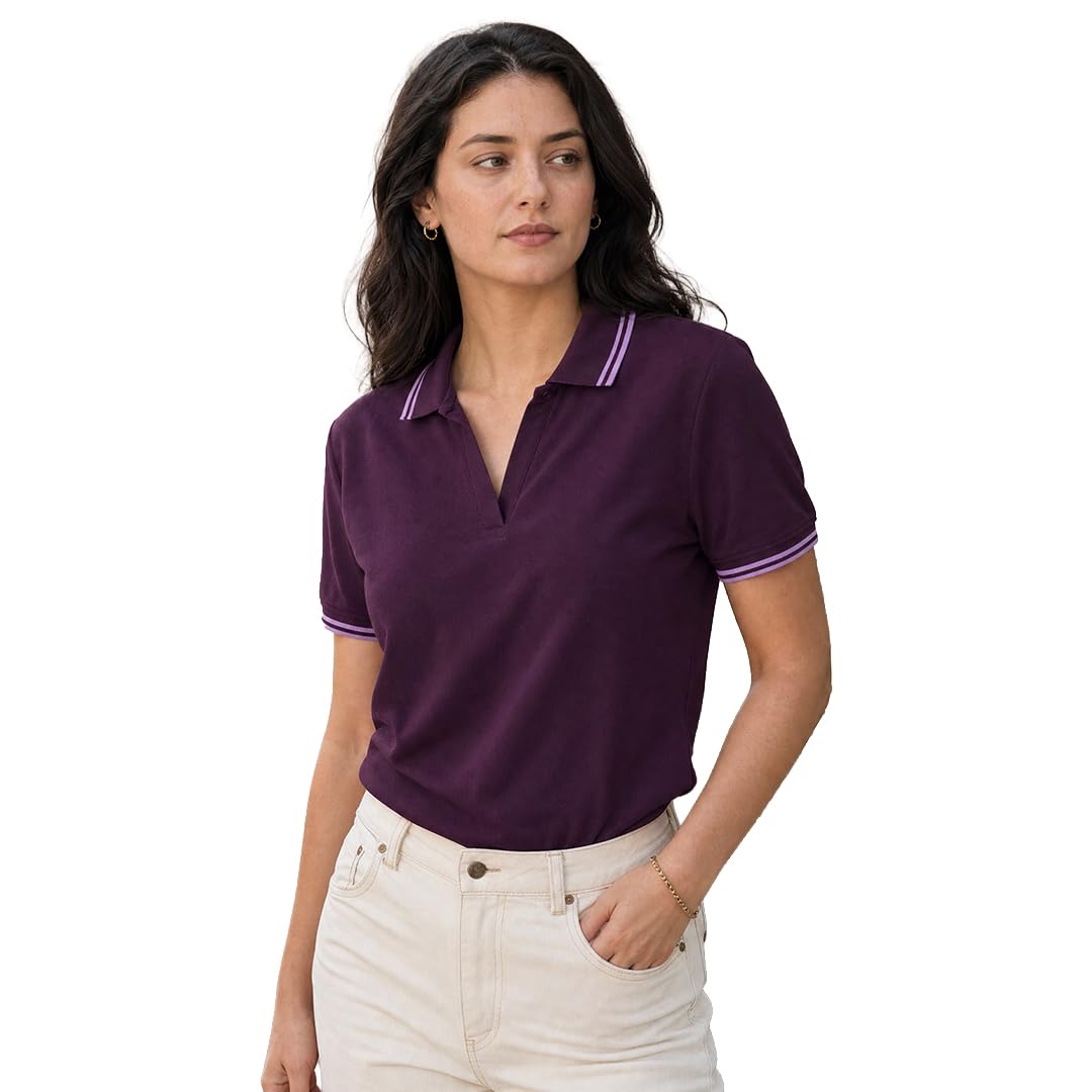 nobero Women Polo Collar Contrast Tipped Cotton T-Shirt-picture-51