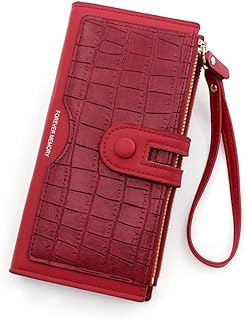 Monedero grande, cartera para mujer, piel sintética suave, cremallera con hebilla, cartera de gran capacidad, piel sintética, colores con muchos compartimentos (rojo)