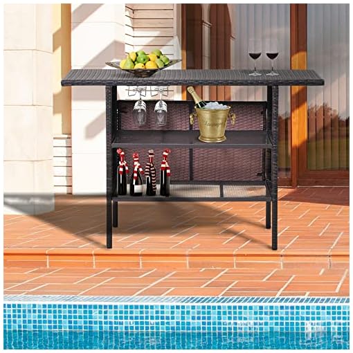 IJIALIFE Outdoor Patio Wicker Bar Counter Table with 2 Steel Shelves