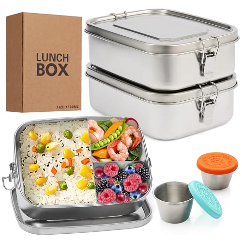 LEEPENK 2 recipientes de almuerzo de acero inoxidable 304 con clips bloqueables, 3 compartimentos grandes de 1500 ml, caja bento de metal, 2 recipientes de condimentos y tapas a prueba de fugas para
