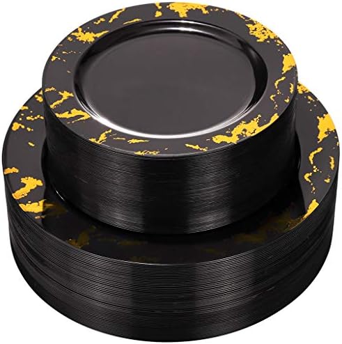 Nervure 102PCS Black Marbling Plastic Plates - Disposable Black Plastic Plates - Black and Gold Plastic Plates Include 51 Black Dinner Plates 10.25inch, 51 Salad Plates 7.5inch for Party & Wedding