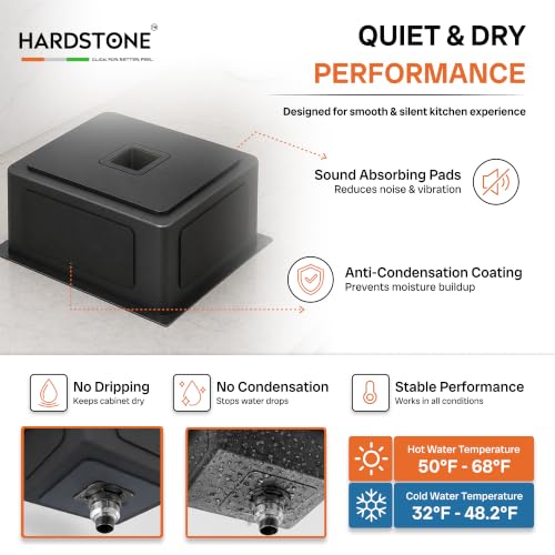 Image of HARDSTONE Premium Kitchen Sink | Single Bowl 16x18x9 Inch | Handmade Heavy Duty Stainless Steel Wash Basin with Matte Black Finish | Includes Waste Hose Pipe, Coupling & Compact Drying Rack | Black