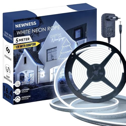 Image of NEWNESS 13.2 Feet White Neon LED Strip Light | IP65 Waterproof Indoor Outdoor Flexible Silicone Rope Light with 12V Adapter for Home Decor