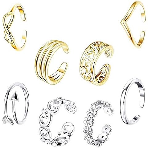 EQLEF Toe Ring Color Dorado y Plateado, Anillo de Nudillos de Anillo Abierto Ajustable y Juego de Joyas de Regalo de Anillo de Cola (8 Piezas) Cover