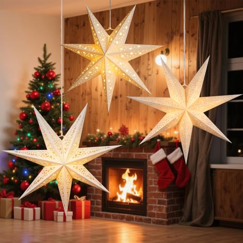 3PCS Paper Star Lantern Lampshade, Christmas Hanging Paper Star Lampshade with Faity Lights LED Festive Lanterns Hanging Ornaments for Xmas Wedding Winter Holiday Home Decor