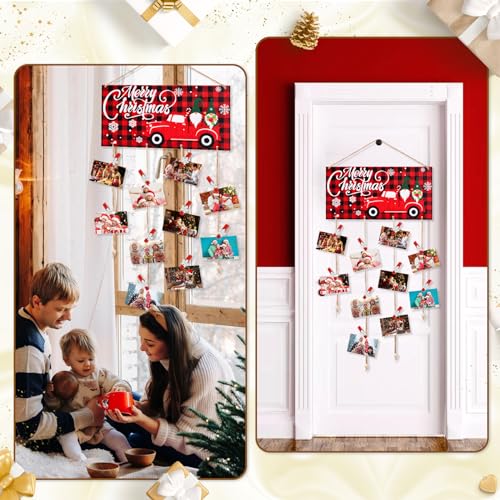 Christmas Card Holder Wooden Merry Christmas Wall Hanging Picture Holders with 30 Snowflake Wooden Photo Clips Picture Holder for Wall Xmas Greeting Card Display for Christmas Home Party Wall Decor - Image 2