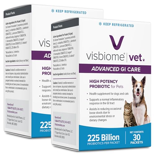 Visbiome Vet Advanced GI Care High Potency Probiotic for Dogs & Cats 225B CFU 8-Strain Formula Refrigerated Veterinarian Recommended Clean Label Certified 60 Packets