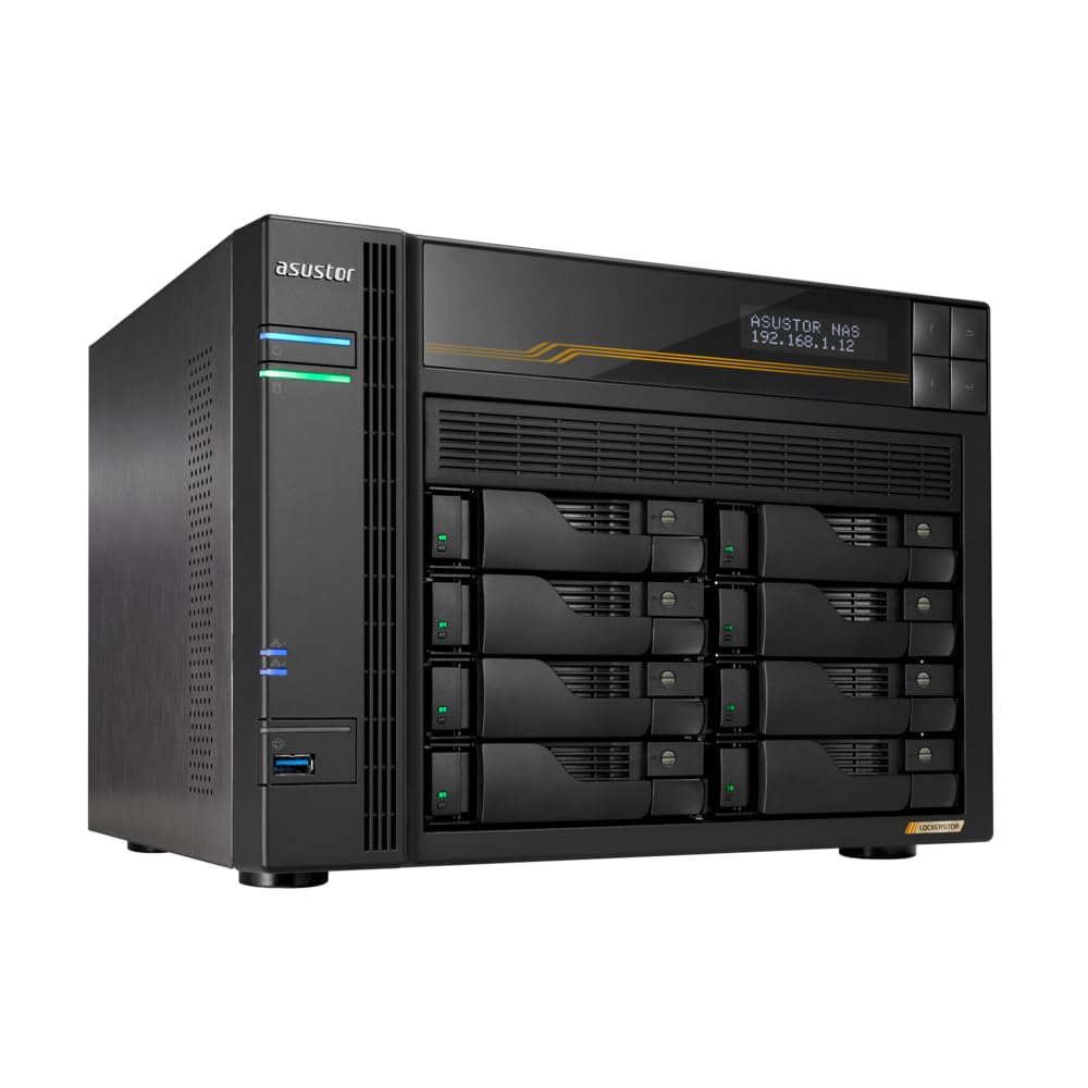 Asustor Lockerstor 8 Gen3 AS6808T 8 Bay NAS Network Storage, AMD Ryzen Quad-Core 2.3 GHz, 16GB RAM ECC DDR5, 4 M.2 NVMe Slots, Dual 5GbE & Dual 10GbE Port, USB4 Type-C, Network Attached Storage