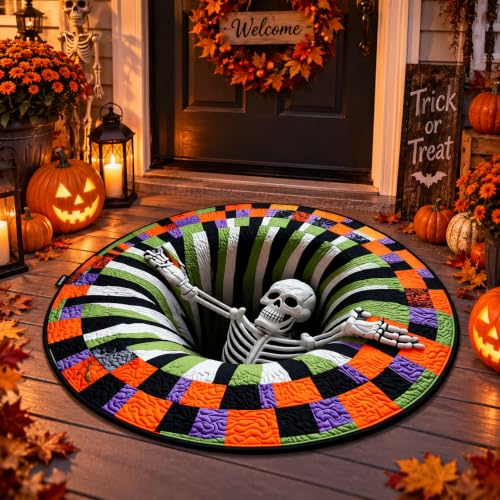 Halloween 3D Illusion Rug, Round Creepy Skeleton Vortex Floor Mat, Non-Slip Optical Illusion Area Rug for Living Room, Bedroom, Haunted House, Halloween Party Decor - image 1
