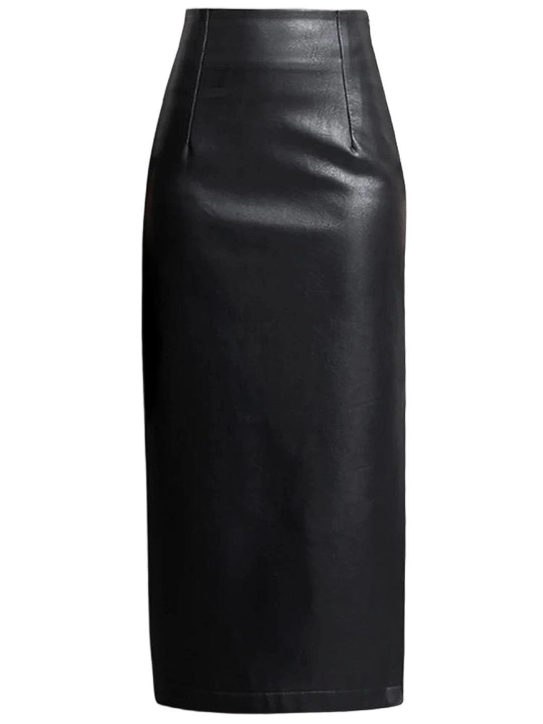 Womens Solid Color Side Slit Zipper High Waist Spring Long Leather Pencil Midi Skirt