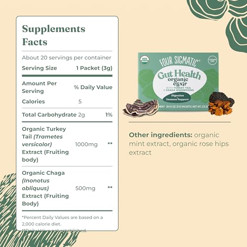 Image of Four Sigmatic Gut Health Mushroom Elixir | Coffee Alternative with Organic Turkey Tail, Organic Chaga Mushroom Powder, Rose Hips & Mint | Digestive Support & Immune Support | 20 Packets