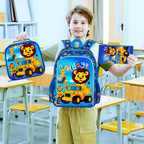 Image of 16 inch Kids Backpack for Boys, 3Pcs Excavator Bookbag Set for Elementary Preschool Kindergarten, Lion School Backpacks with Lunch Box(Blue)