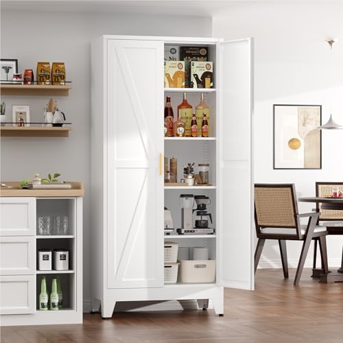 Image of Kitchen Pantry Cabinet,71 inch H x 31.5 inch W,Metal Farmhouse Storage Cabinet with Adjustable Shelves and Barn Doors,5-Tier Storage Cabinet for Kitchen Dining Room Garage,White 1 Pack