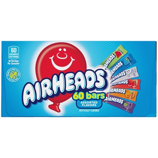 Airheads Candy Bars, Variety Bulk Box, Chewy Full Size Fruit Taffy, Gifts, Holiday, Parties, Concessions, Pantry, Non-Melting, Party, 60 Individually Wrapped Full Size Bars (Pack of 2)