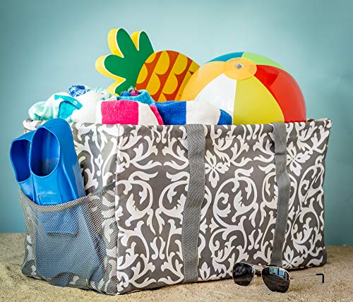 Lucazzi Extra Large Utility Tote Bag - Oversized Collapsible Reusable Wire Frame Rectangular Canvas Basket With Two Exterior Pockets For Beach, Pool, Laundry, Car Trunk, Storage - Damask Gray #TOP5