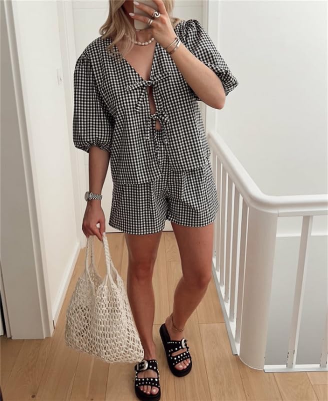 Image of Thopavenoir Women 2 Piece Casual Lounge Sets Y2k Puff Sleeve Peplum Shirt Tie Front Tee Shirt Shorts 2pcs Pajamas Sets (Black #Ge7h, S), Small