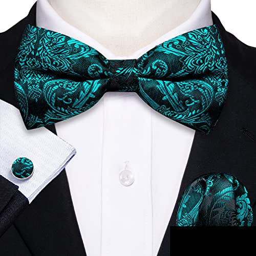 Image of Barry.Wang Paisley Striped Bow Tie for Men Silk Pre-Tied Bowtie Pocket Square Cufflinks Set Formal Wedding Party Prom